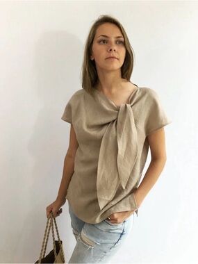 Linenbee Beige Tie-Front Short Sleeve Top